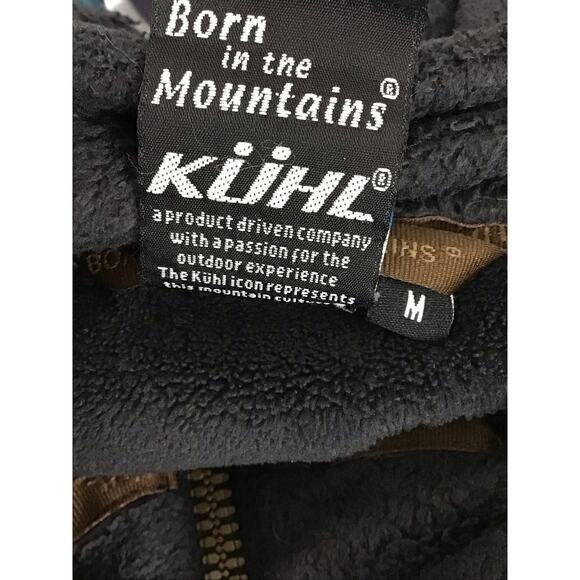 KUHL Moto-Vation Black Fleece Brown Leather Trim Full Zip Jacket Pockets sz M - Picture 14 of 14